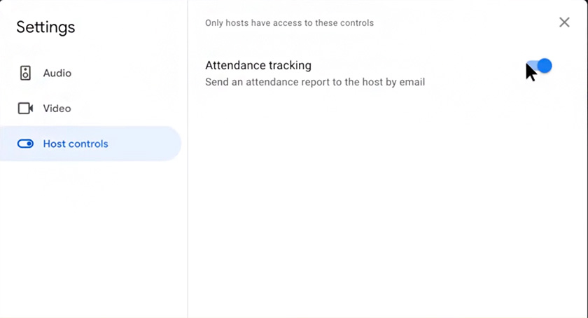 Google Meet settings interface with the "Host controls" tab selected and the attendance tracking feature toggled on.