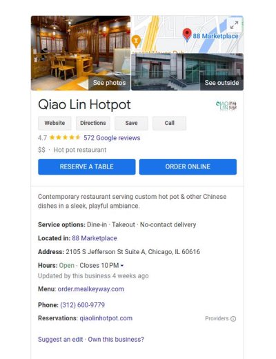 An example of a Google page included in local search results.