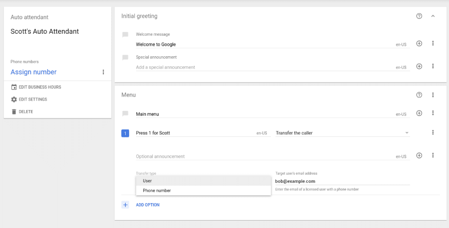 Google Voice interface showing the auto-attendant settings, which includes configurations for initial greetings and the main menu.