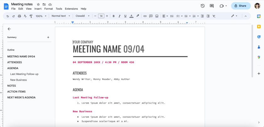 Google Workspace Docs with sample meeting notes template