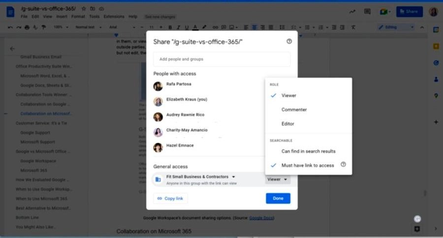 Google Workspace’s document sharing options.