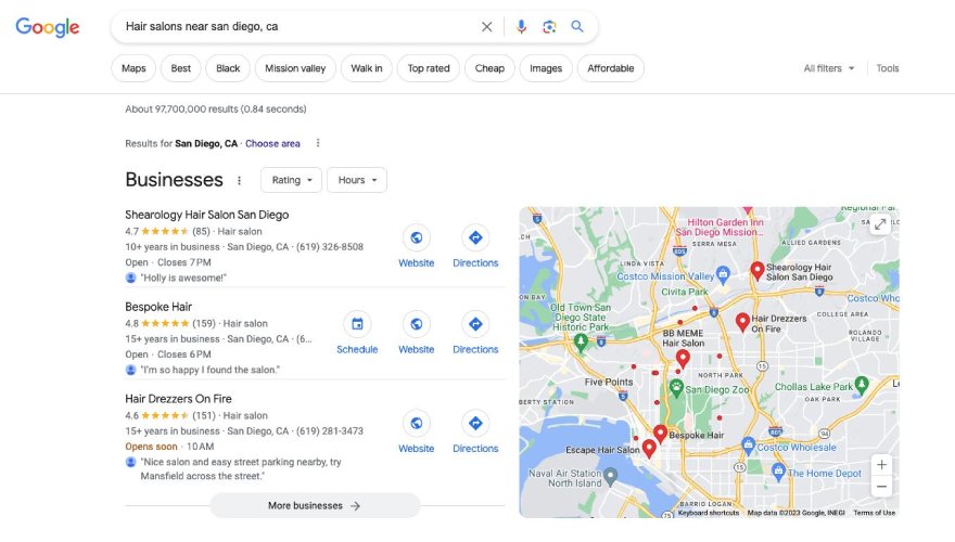 Local business listings on Google search engine.