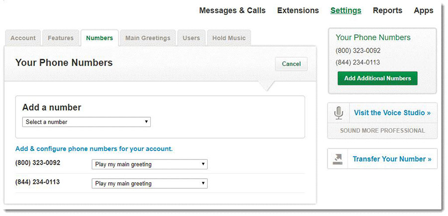 Grasshopper "Numbers" settings showing the input field for adding a number and greeting configurations for each phone number.