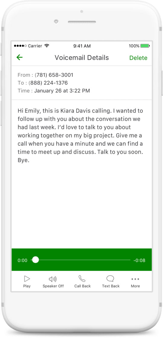 Grasshopper interface showing "Voicemail Details," which contain a transcription of the message.