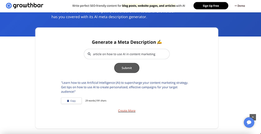 Growthbar meta description generator for ai content marketing.
