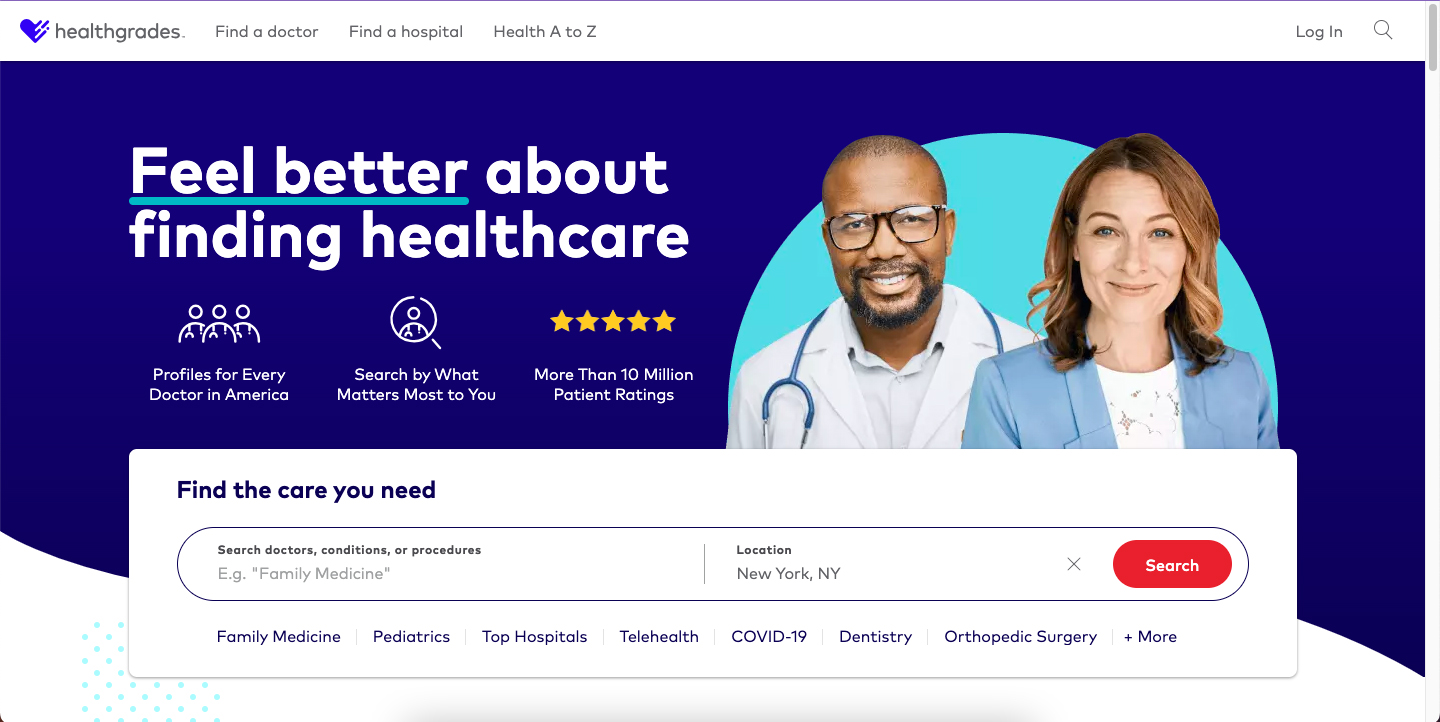Home page of the Healthgrades website.