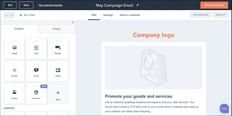 HubSpot's drag-and-drop email campaign editor.