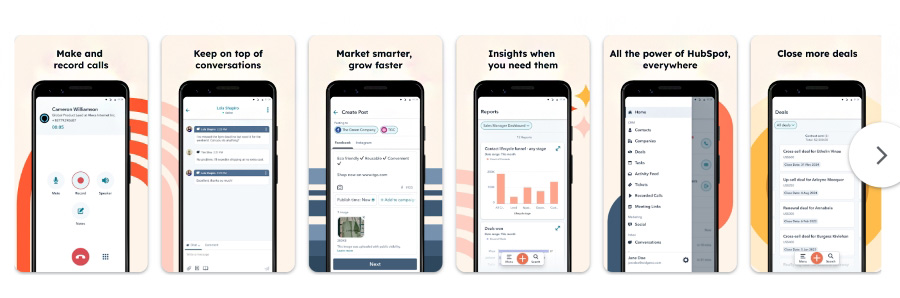 Several mobile screens displaying the different features of HubSpot mobile app.