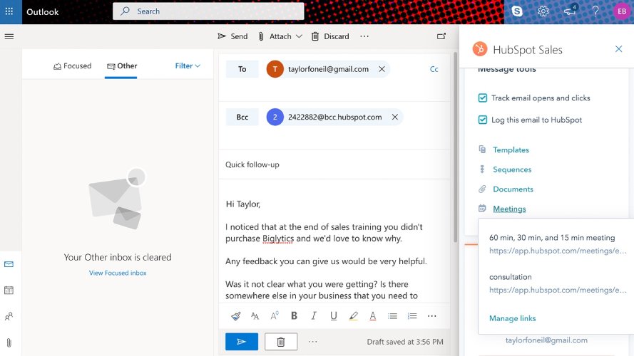 Sending and syncing email and event data using the HubSpot-Outlook integration.