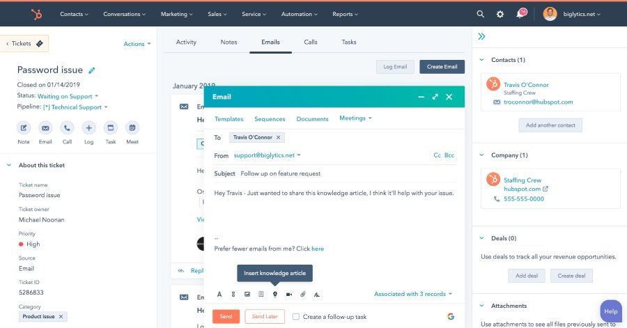 Resolving an email ticket in HubSpot CRM Suite.