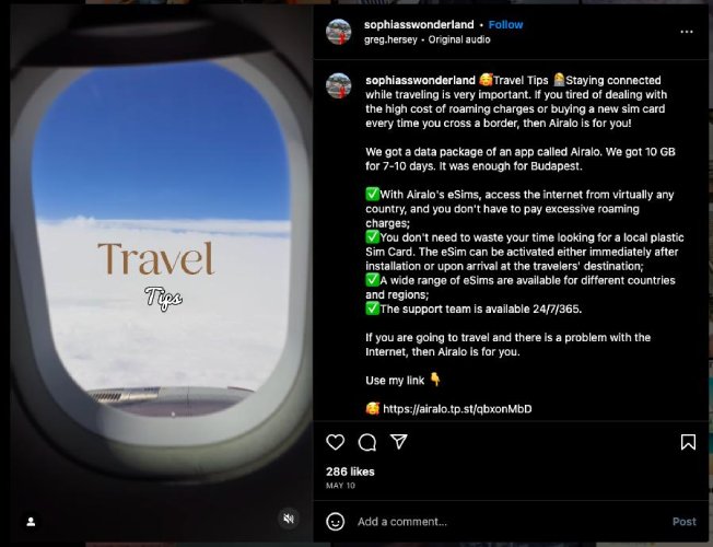 Instagram post by a microinfluencer promoting the Airaldo app.