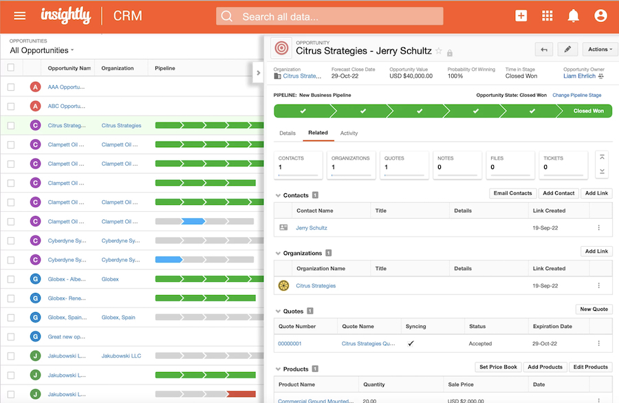 An example of Insightly CRM's opportunity record with relationship linking.