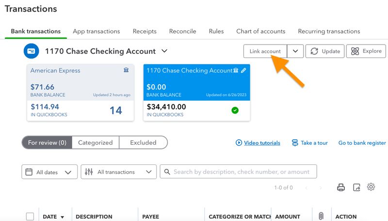 QuickBooks Online's Banking Center highlighting the Link account button