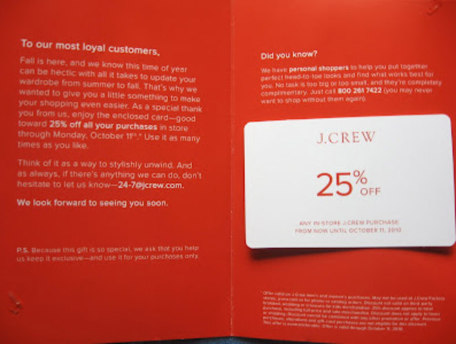 Sample loyalty campaign from a retail store offering a 25% discount.