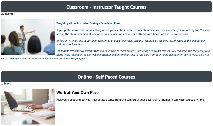 Screenshot of MY Real Estate School courses.