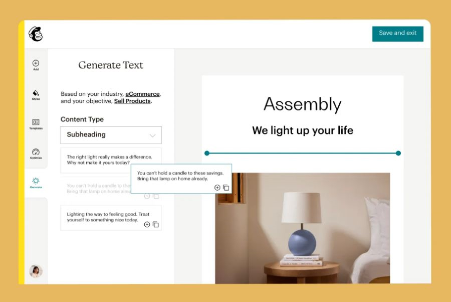 An example of how Mailchimp helps users generate ideas for their email copy.