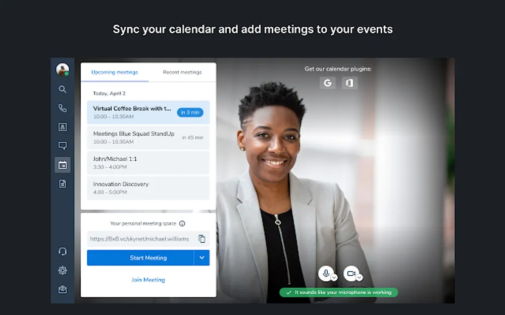 Meeting calendar reflecting upcoming meetings linked from Google calendar.