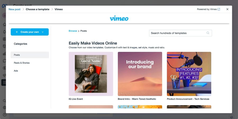 Meta Creator Studio with Vimeo integration prompt for creating videos.