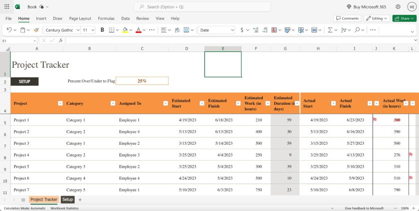 Microsoft 365 Excel with sample project tracker