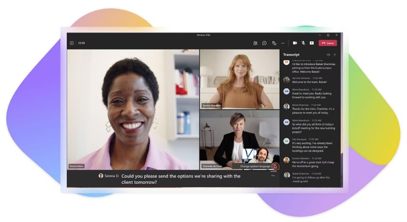 Microsoft Teams meeting with transcript and live captions.