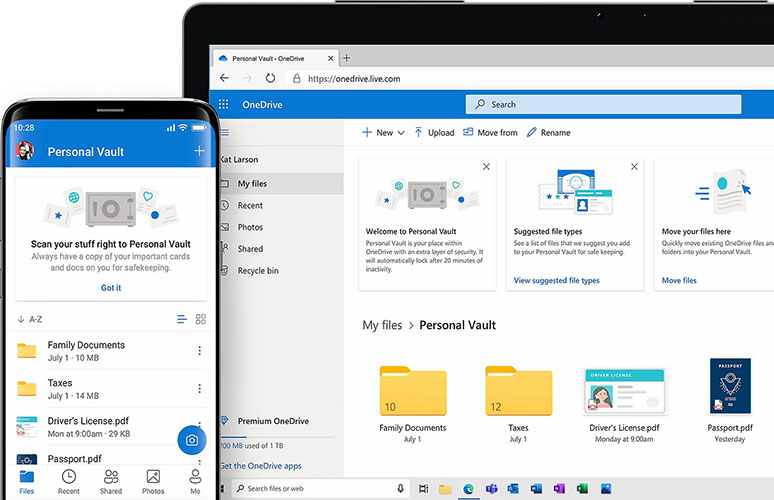 A desktop and mobile device showing OneDrive's interface with a personal vault.