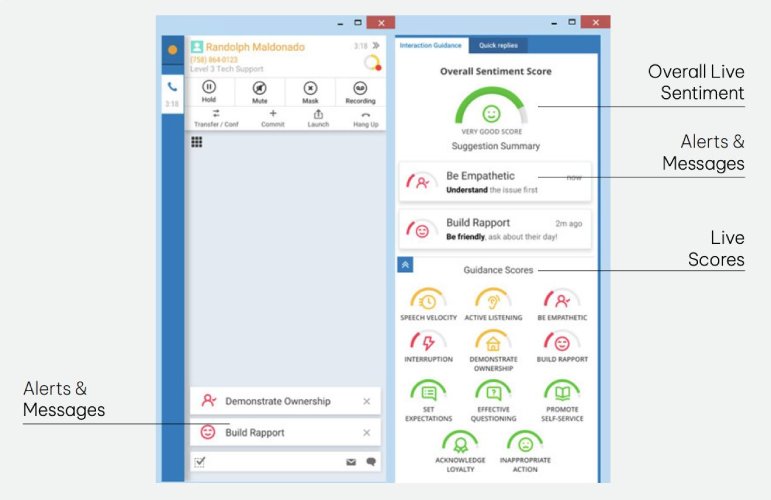 NICE CXone interface showing a live call and the interaction guidance feature, which displays the overall sentiment score and recommendations for improving communication, such as "Be Empathetic" and "Build Rapport"