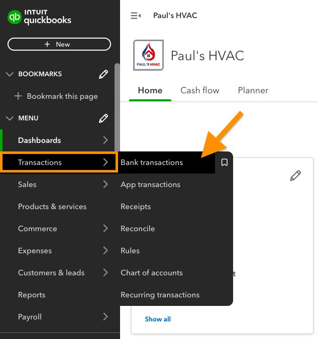 Screen showing how to navigate to QuickBooks Online's Bank Center