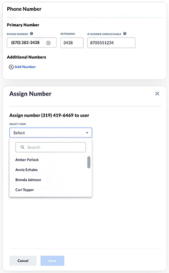 Nextiva interface showing the "Phone Number" and "Assign Number" settings, which contain input fields for phone numbers, extensions, and users.