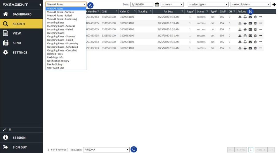 A screenshot of the Nextiva vFax Dashboard showing all the previously sent and received faxes.