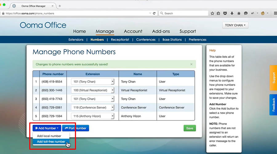 Ooma Office "Numbers" settings with a red box highlighting the "Add toll-free number" option.