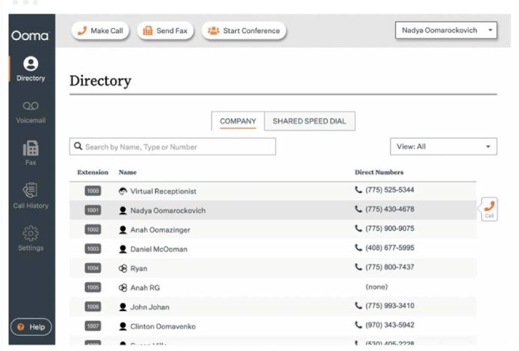 A screenshot of a company directory via the Ooma desktop app.