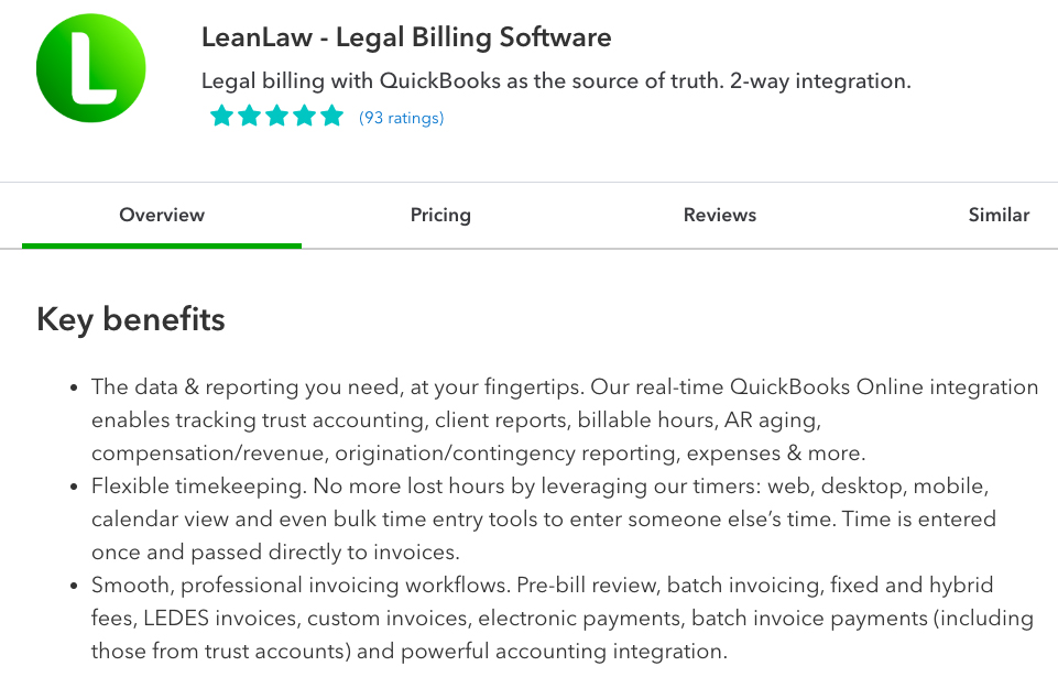 Overview page in the QuickBooks App Store where you can get LeanLaw for QuickBooks.