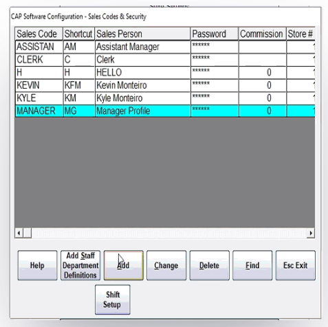 POS Nation employee list with security settings.