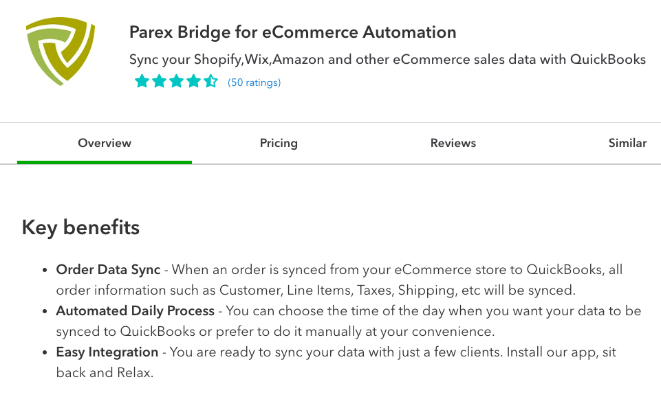 Overview page in the QuickBooks App Store where you can get Parex Bridge for QuickBooks.
