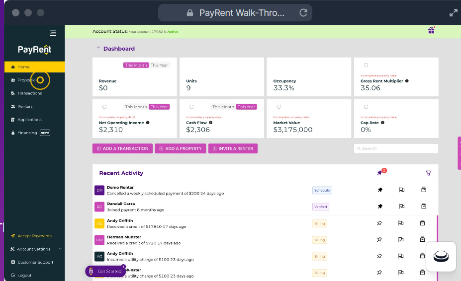PayRent dashboard showing funds, properties, and recent activity.