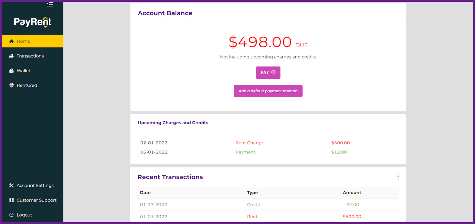 Screenshot of the tenant payment portal on PayRent.