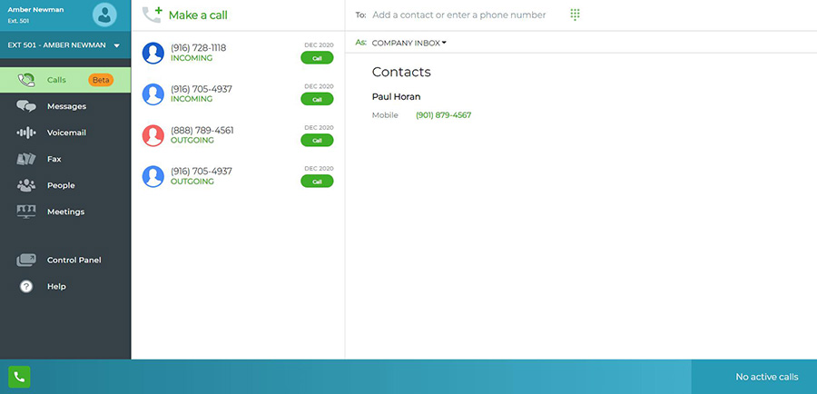 A screenshot of Phone.com. contact list on web browser.