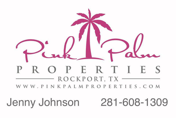 Pink Palm Properties Rockport TX logo with pink palm tree graphic.