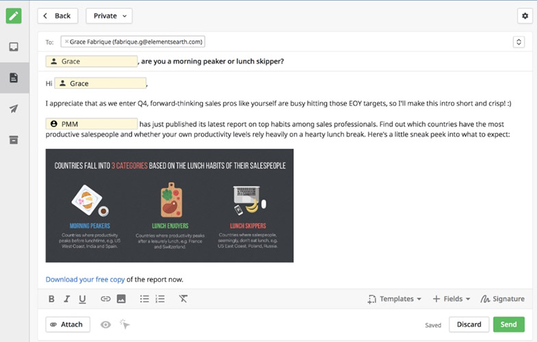 An example of a Pipedrive sale email template with embedded image and file attachment.