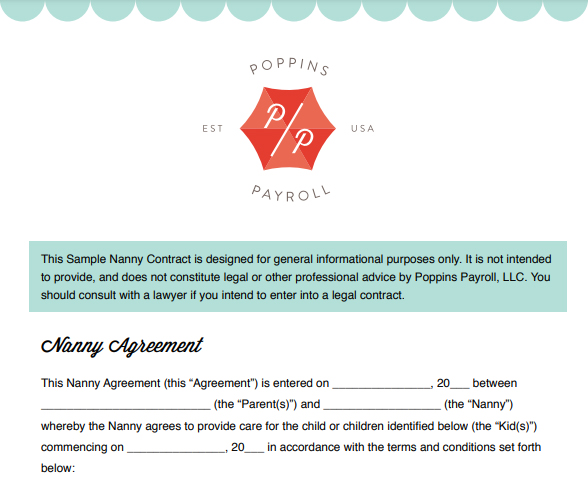 A screenshot of Poppins Payroll's nanny agreement template.