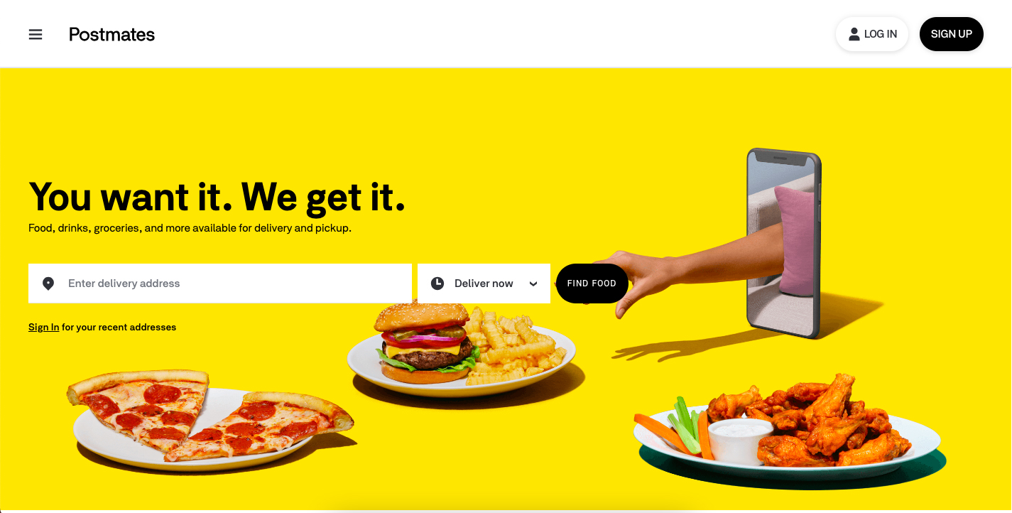 Home page of the Postmates website.