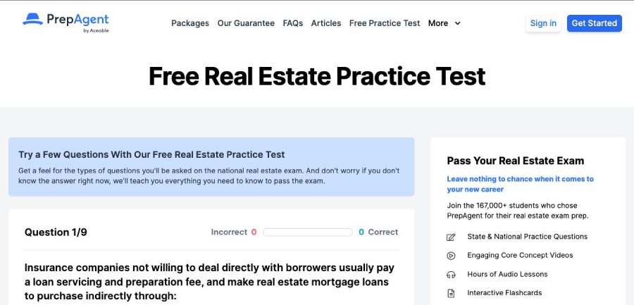 Free real estate practice test on the PrepAgent website.