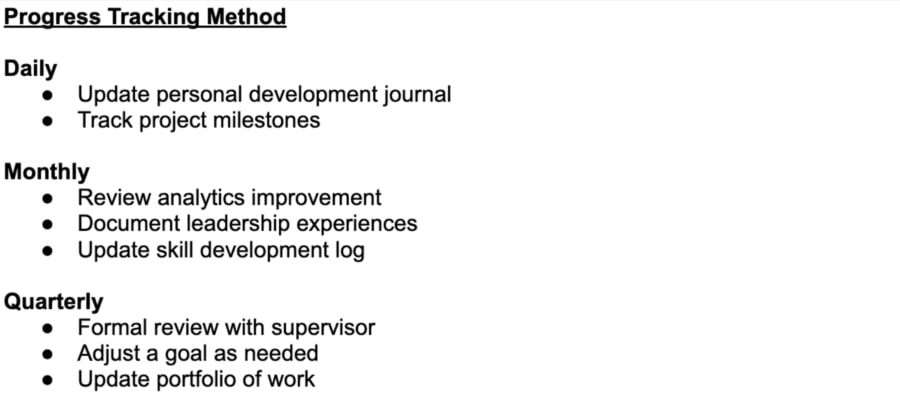 It should list daily, monthly, or quarterly updates how the employee is progressing