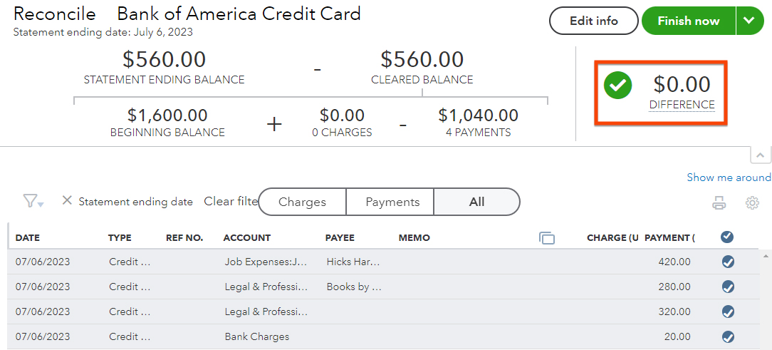 Successful credit card reconciliation in QuickBooks showing a difference of $0.