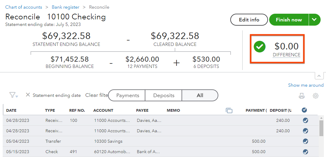 A sample of a successful reconciliation performed in QuickBooks Online.