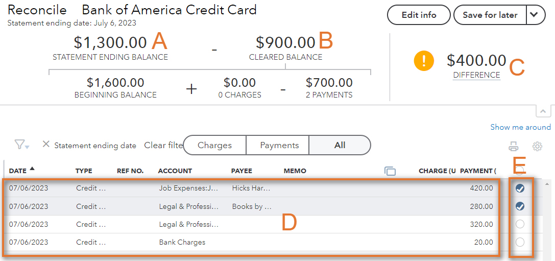 Credit card reconciliation screen with labelled sections, like statement balance and cleared balance.