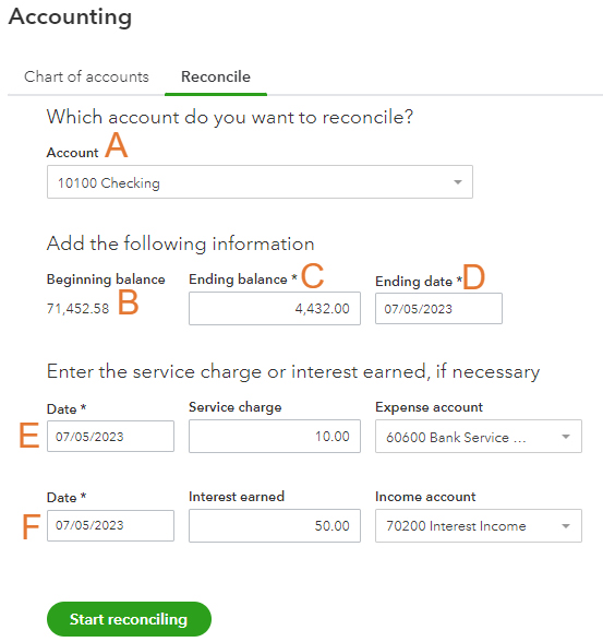 Screen where you can choose the account to reconcile in QuickBooks, including other details like beginning and ending balance.