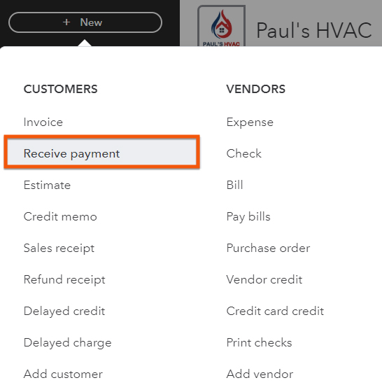Section in QuickBooks showing how to navigate to the 'Receive payment' screen.