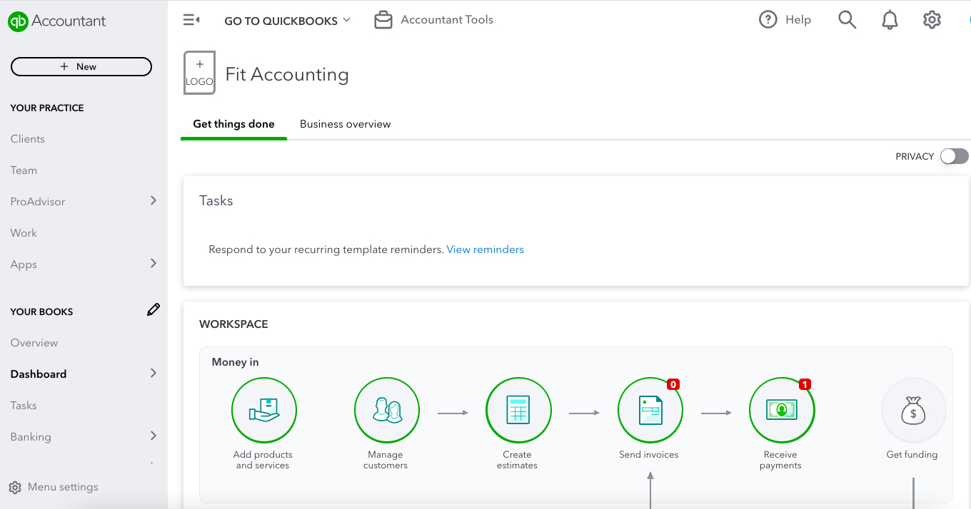QuickBooks Online Accountant's dashboard showing sections like Your Practice and Your Books.