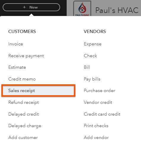 Screen where you can navigate to the sales receipt screen in QuickBooks Online.